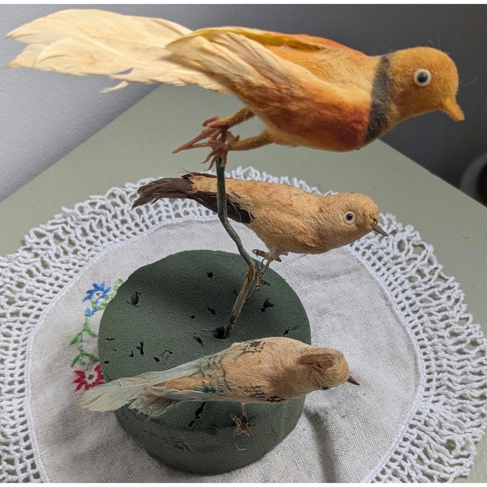 Vintage Feather Birds Set of 3 Spun Cotton Floral Picks Woodland Bird Decor - Picture 3 of 4